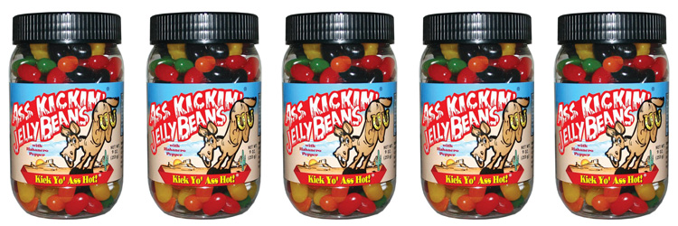 Billedet viser fem glas med chili jelly beans med habanero smag. Der er 255 gram jelly beans i hvert glas.