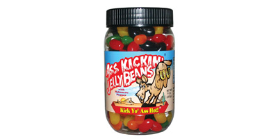 Billedet viser et glas med 255 gram Chili Jelly Beans med Habanero smag.